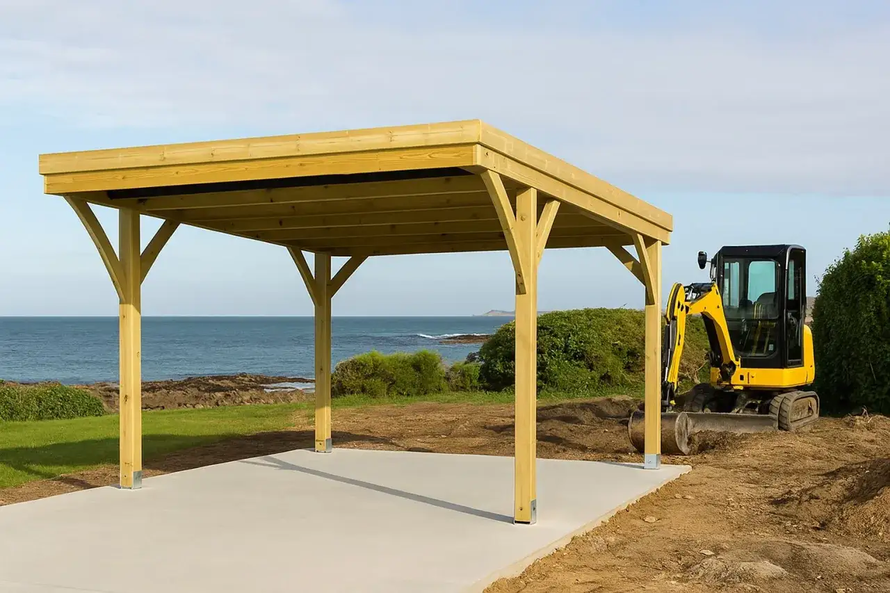 Carport en bois sans emprise au sol, avec une pelleteuse jaune &agrave; proximit&eacute;, face &agrave; la mer.