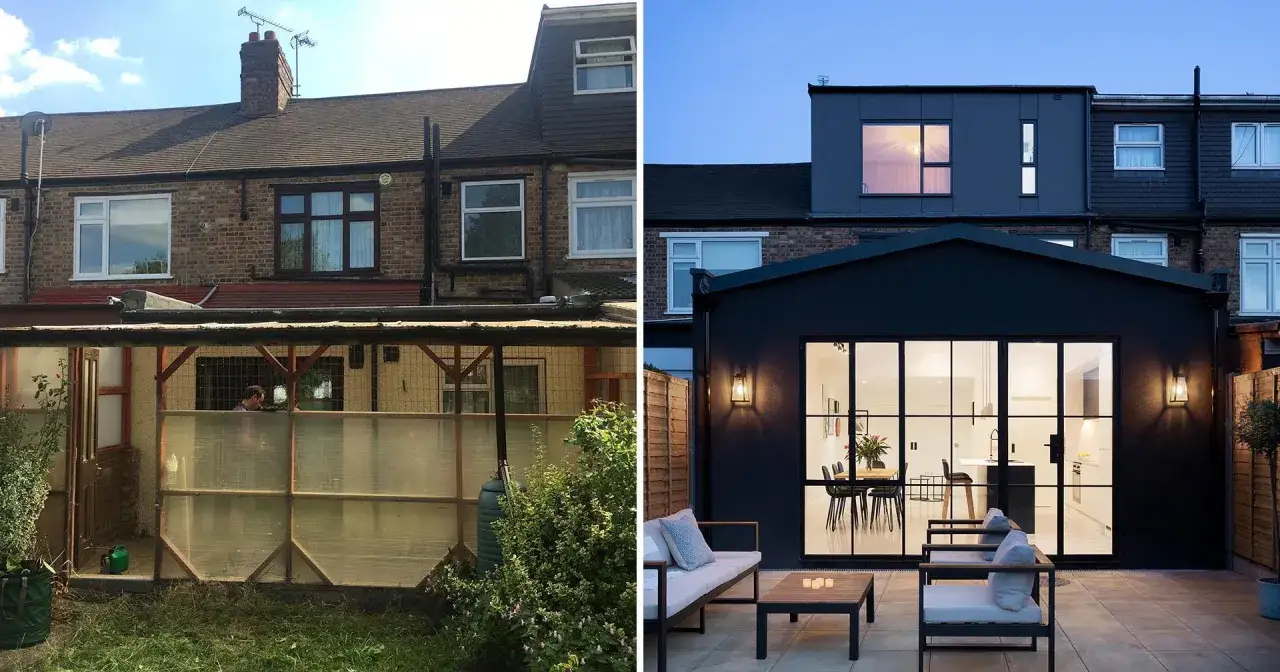 Avant/après d'une extension maison : d'une véranda vieillotte à une cuisine moderne et un espace extérieur chic.