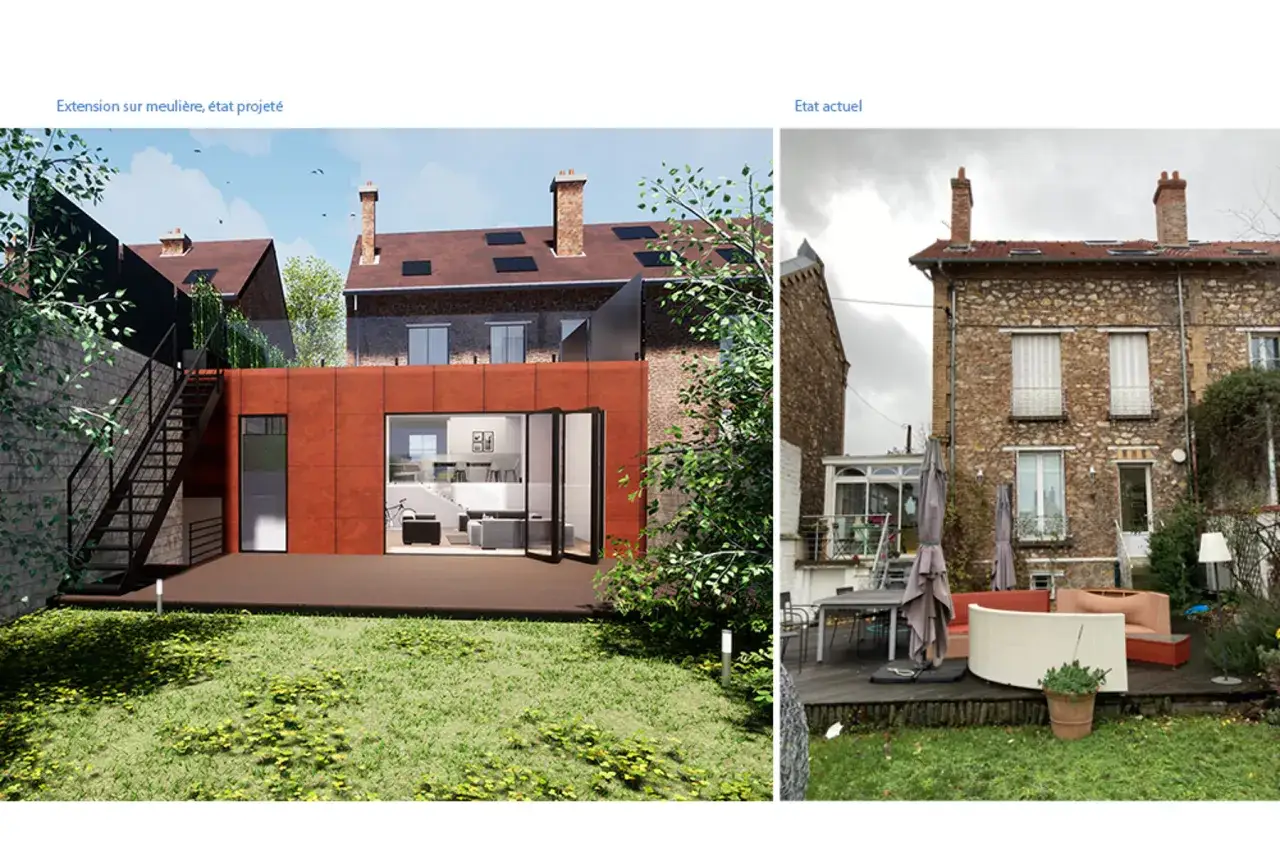 Extension maison meuli&egrave;re : projet moderne avec fa&ccedil;ade orange vif contrastant avec l'ancien b&acirc;ti en pierre. L'&eacute;tat actuel montre une terrasse et un jardin.