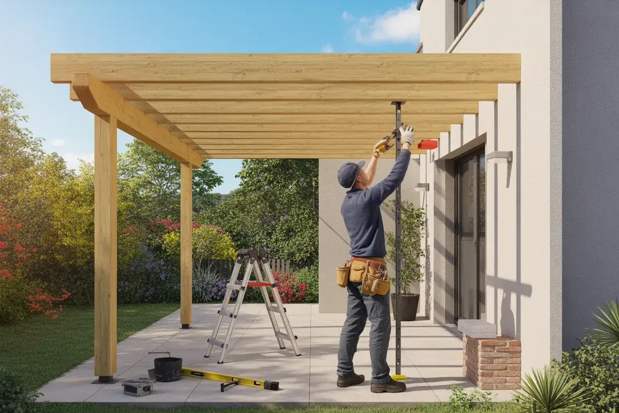 Un homme installe une structure de pergola en bois, assurant l'&eacute;tanch&eacute;it&eacute; pergola mur. Outils et &eacute;chelle &agrave; proximit&eacute;.