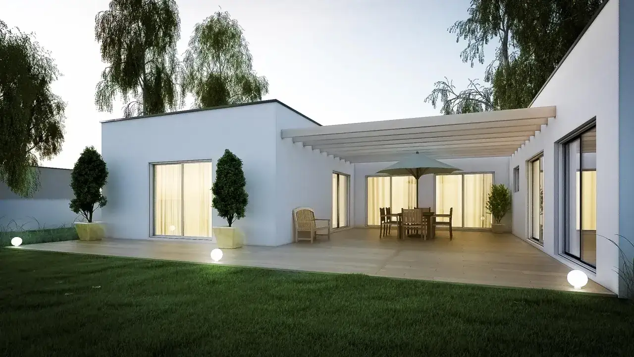 Une extension maison en L moderne avec terrasse en bois, mobilier de jardin, parasol et &eacute;clairage ext&eacute;rieur doux.