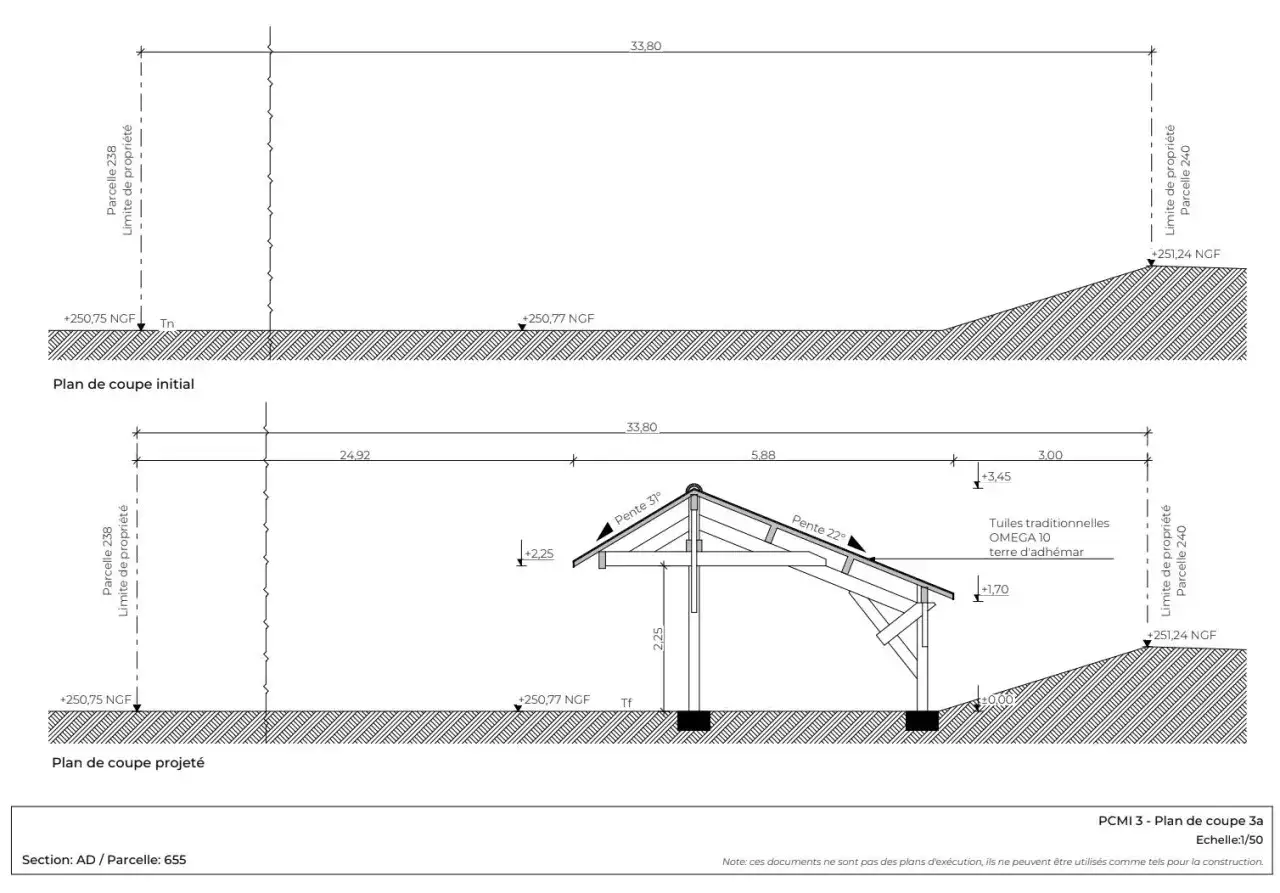 Plan de coupe d'un abri voiture ouvert. Il montre la structure, les pentes du toit et les niveaux du sol. Faut-il un permis de construire pour un abri voiture ouvert ?