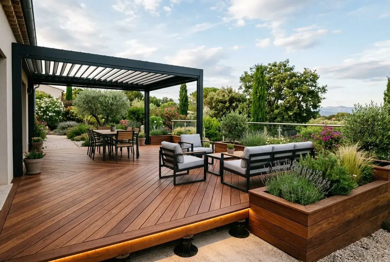 Une pergola sur terrasse sur&eacute;lev&eacute;e offre un espace de d&eacute;tente avec salon et salle &agrave; manger ext&eacute;rieurs, entour&eacute; d'un jardin luxuriant.