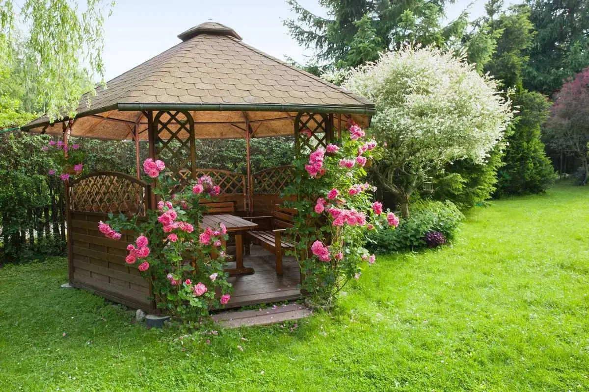 Pergola en bois orn&eacute;e de roses roses, install&eacute;e dans une pelouse verdoyante. Id&eacute;al pour savoir comment fixer une pergola dans l'herbe.