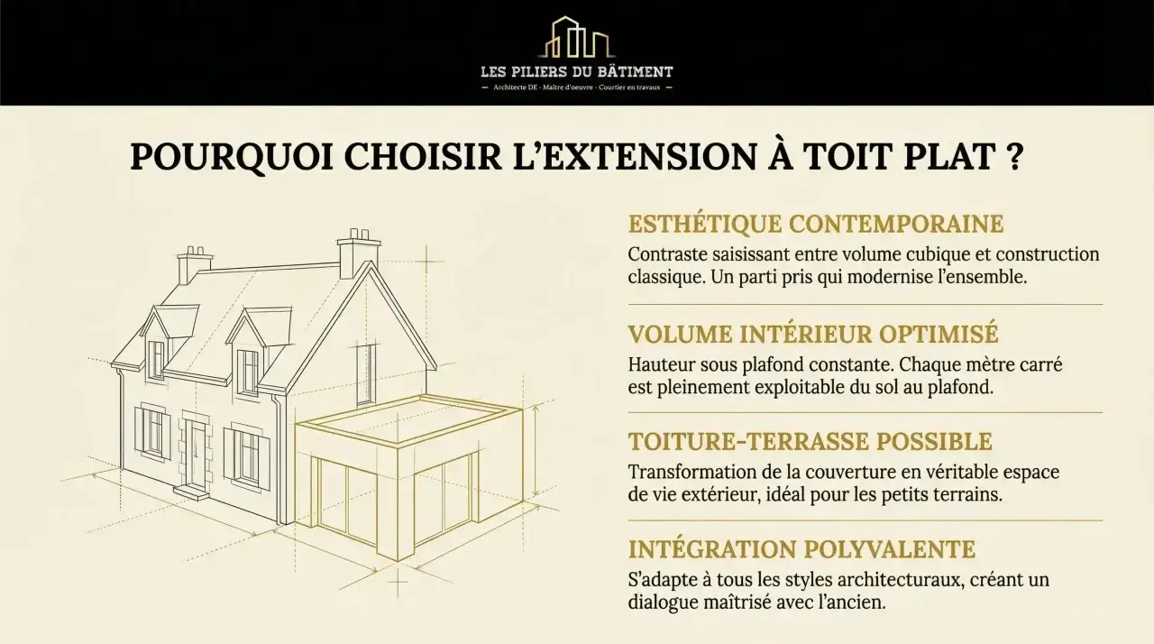 Dessin d'une maison avec une extension moderne &agrave; hauteur toit plat. L'image met en avant les avantages d'une telle extension.
