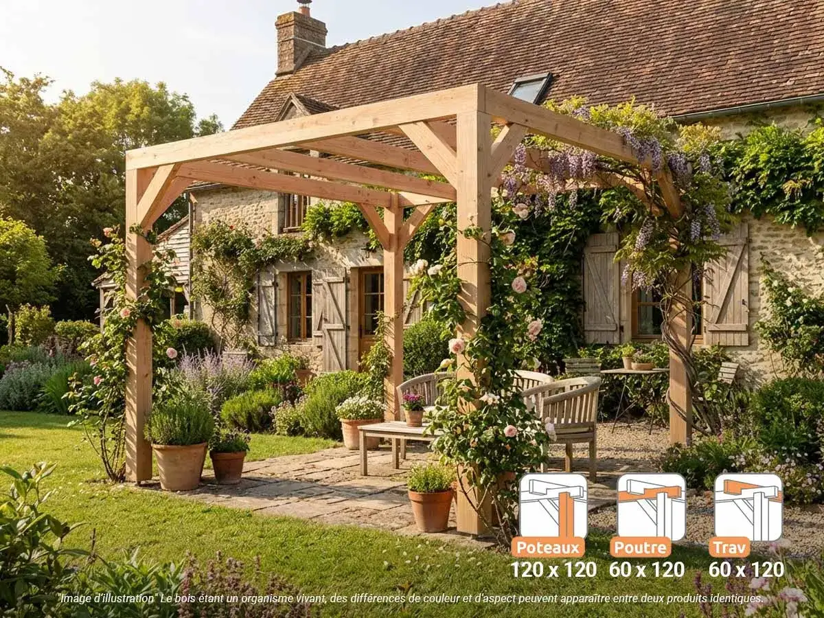 Une belle pergola en bois, parfaite pour construire un coin ombragé dans un jardin fleuri. Des roses et des glycines grimpent sur la structure.