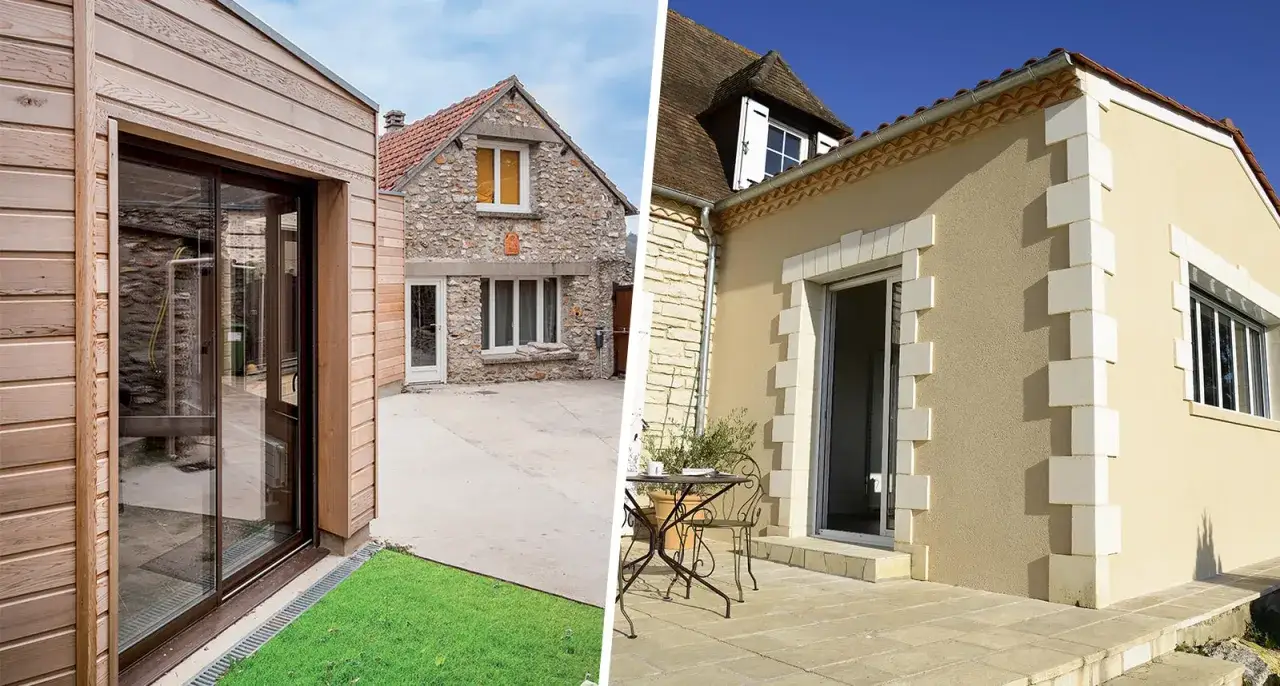 Extension de maison pas chère : comparaison d'une extension bois moderne et d'une rénovation de façade en pierre et crépi.