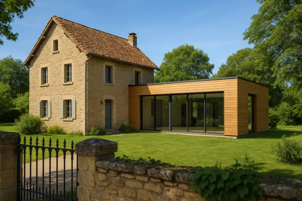 Extension d'une maison ancienne en pierre par un architecte, avec une partie moderne en bois et verre.