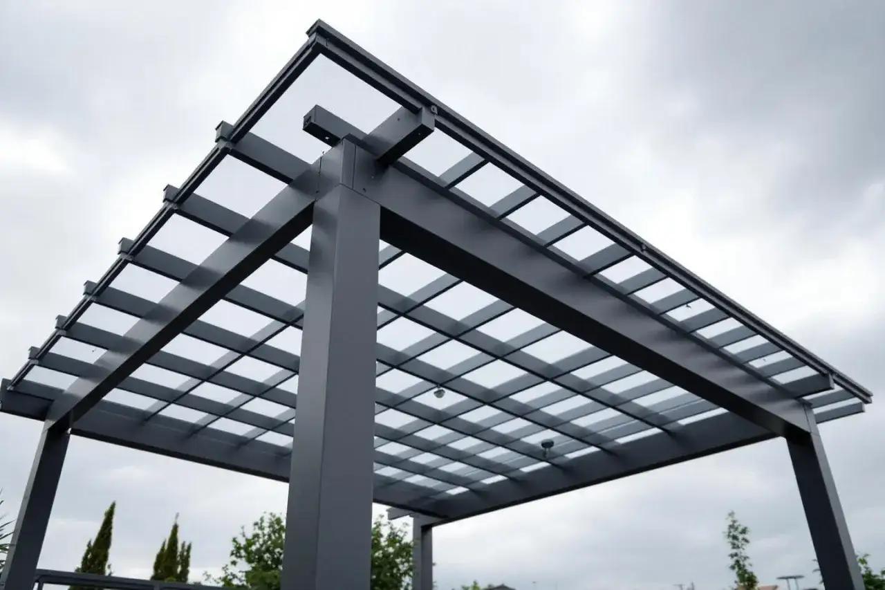 Structure moderne de pergola grise avec toit vitr&eacute;, con&ccedil;ue pour r&eacute;sister au vent. Le calcul prise au vent pergola est essentiel pour sa stabilit&eacute;.