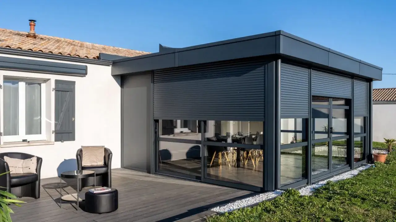 Une moderne veranda 2 niveaux avec volets roulants, offrant une vue sur une salle à manger. Deux fauteuils noirs sur la terrasse en bois.