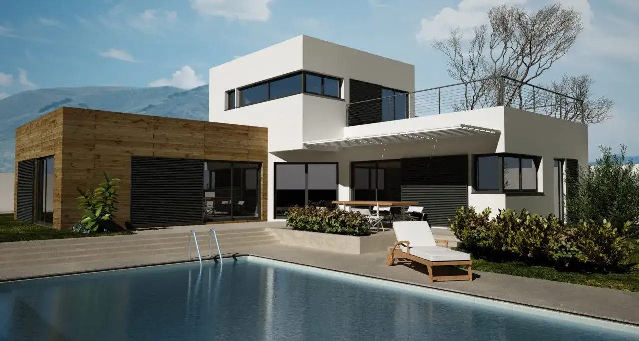 Maison moderne avec piscine et terrasse. Une extension en bois permet d'agrandir sa maison sans permis de construire, créant un espace de vie lumineux.