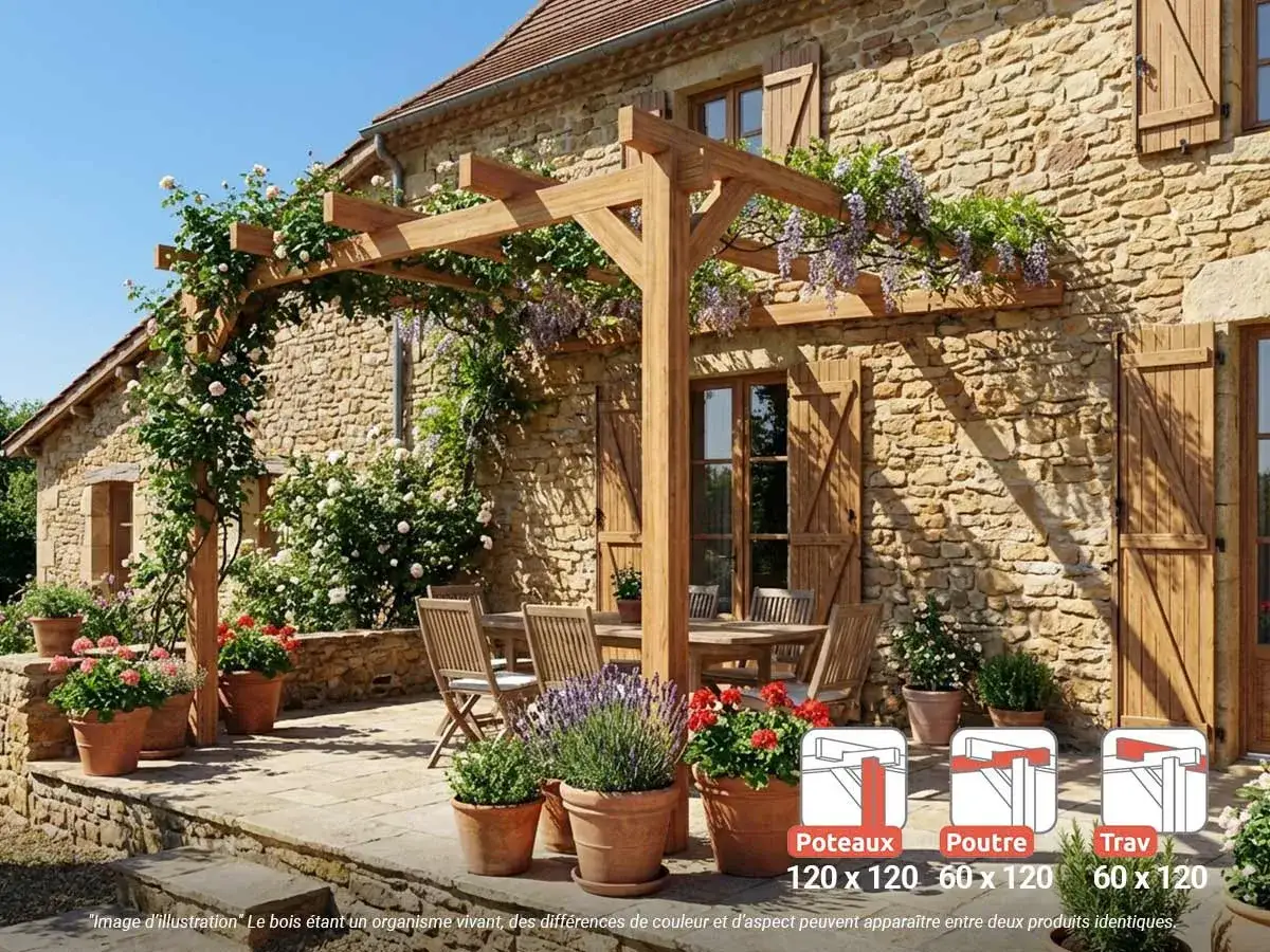 Une pergola adoss&eacute;e ou autoport&eacute;e en bois, orn&eacute;e de roses et de glycines, surplombe une terrasse en pierre avec mobilier de jardin.