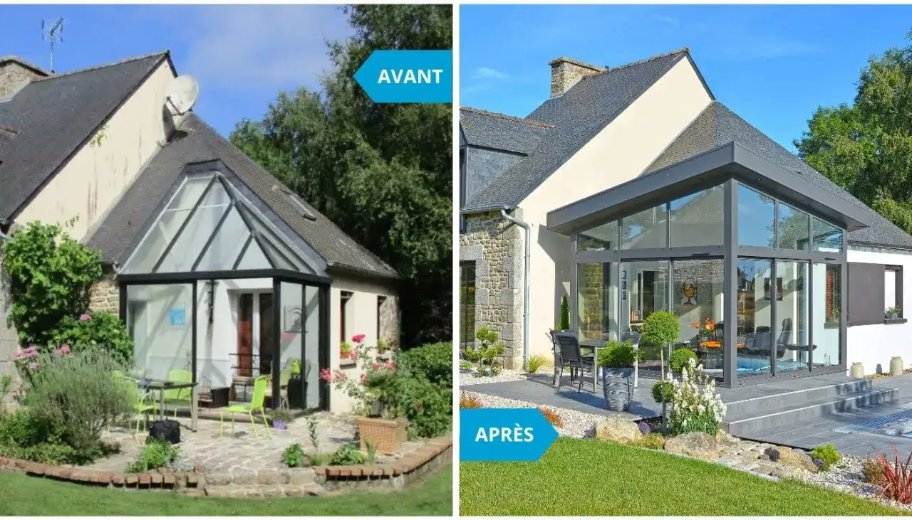 Avant/Apr&egrave;s : une ancienne v&eacute;randa triangulaire a &eacute;t&eacute; remplac&eacute;e par une extension moderne et spacieuse pour agrandir la veranda.