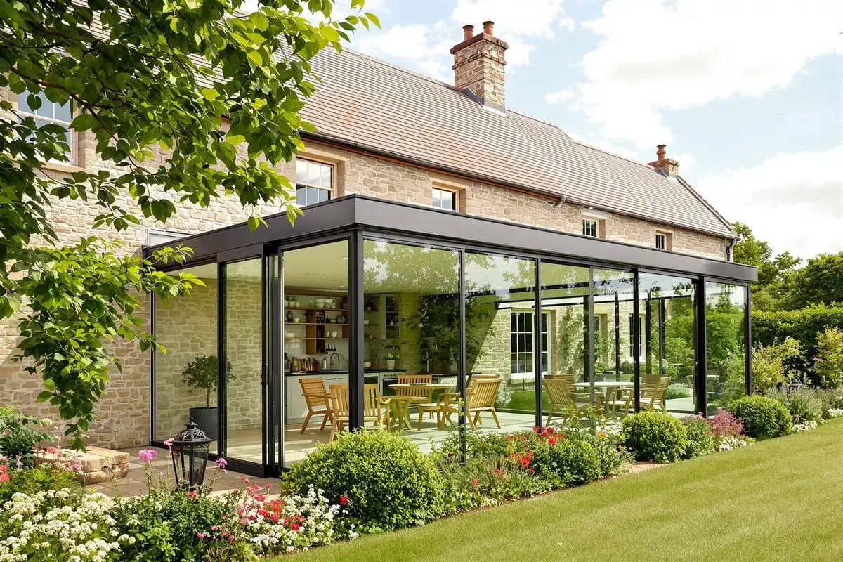 Une élégante veranda en verre s'adosse à une maison en pierre, offrant une vue sur une cuisine et une salle à manger. Le jardin fleuri entoure cette extension moderne.