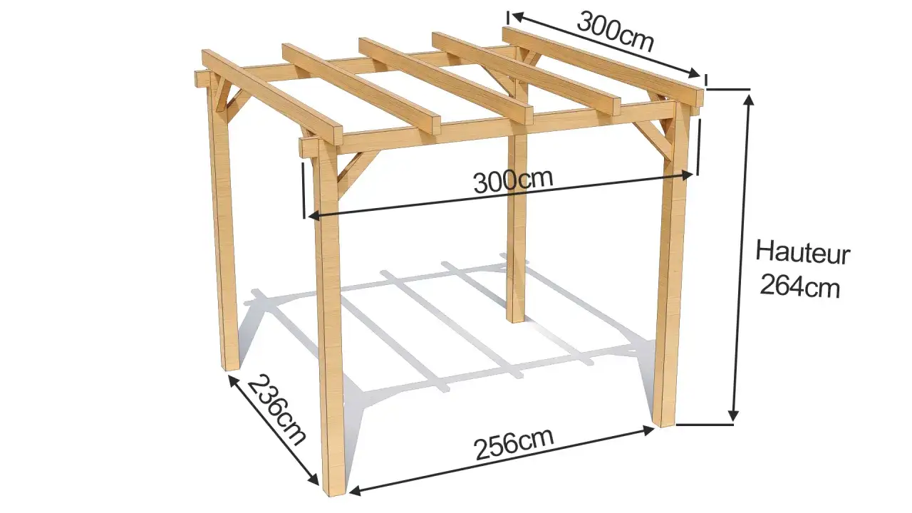 Vue 3D d'une pergola en bois avec dimensions indiqu&eacute;es. La hauteur de la pergola bois est de 264cm.
