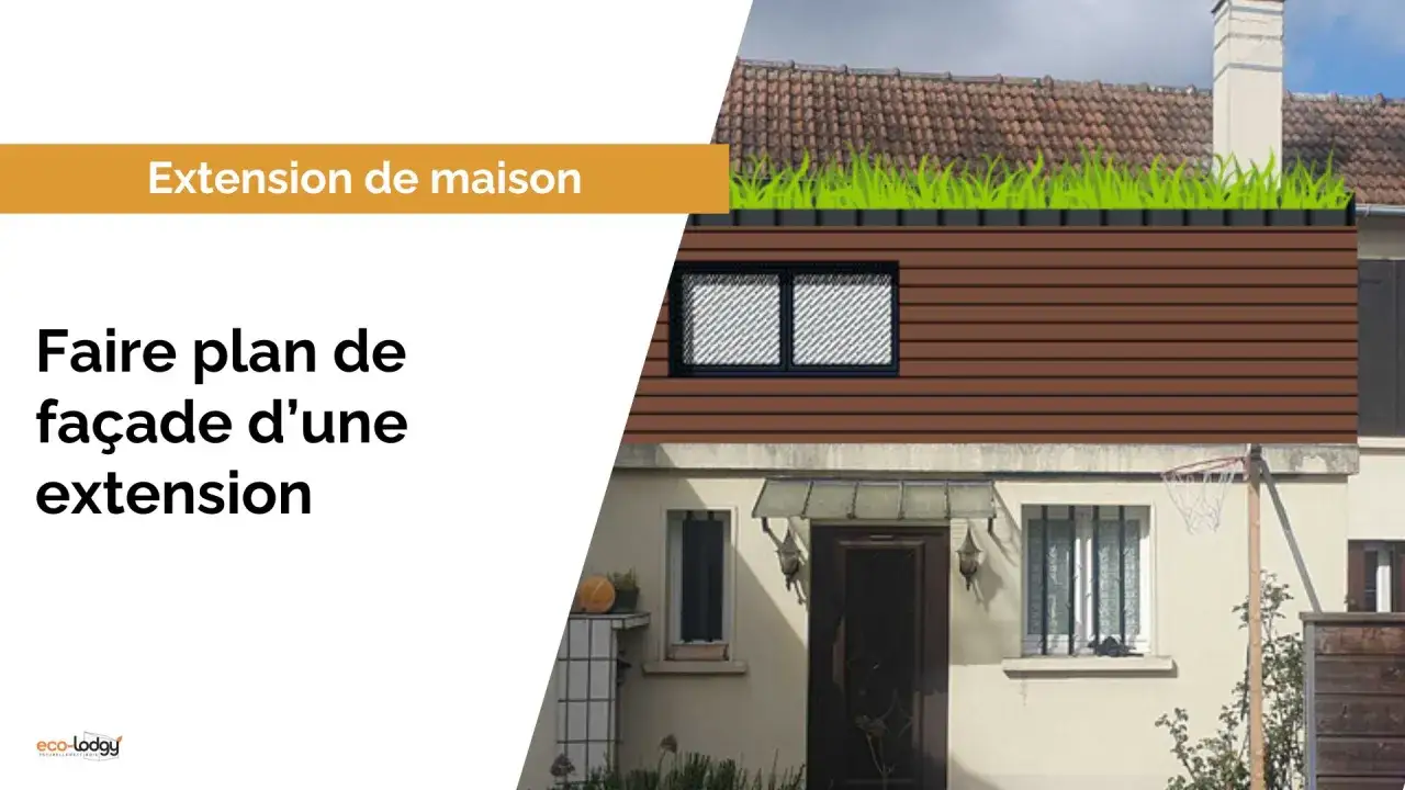 Plan de façade d'une extension de maison avec bardage bois et toit végétalisé. Permis de construire à prévoir pour ce projet.