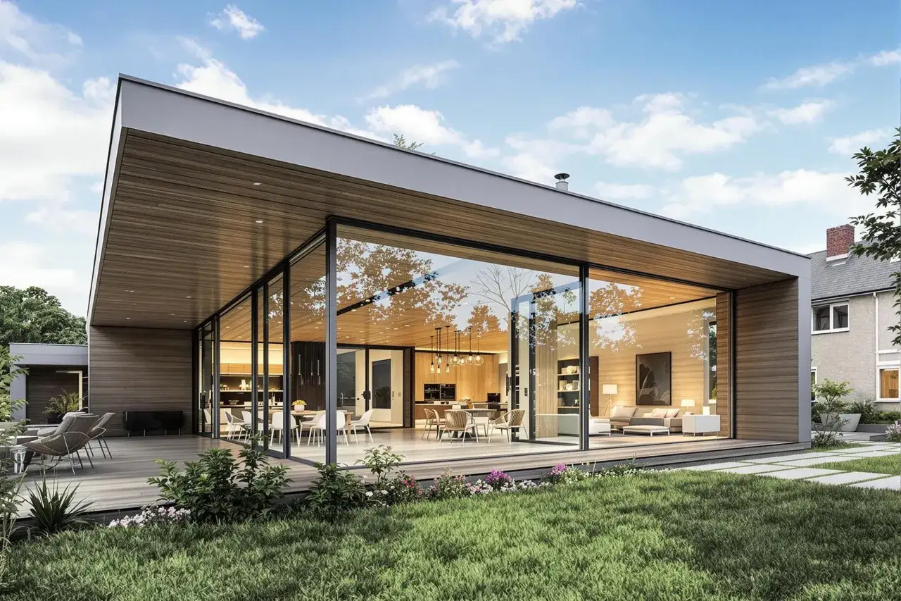 Maison moderne avec extension toiture terrasse, grandes baies vitrées, salon et cuisine ouverts sur un jardin verdoyant.
