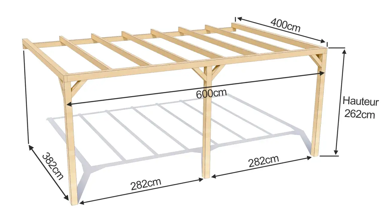 Sch&eacute;ma pour construire pergola bois adoss&eacute;e. Dimensions : 600cm x 400cm, hauteur 262cm.