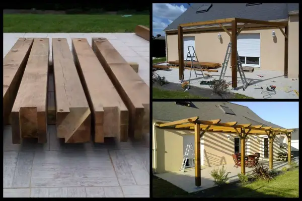 Les poutres de bois sont prêtes à construire une pergola. Les étapes de construction sont visibles, de la pose des poteaux à la structure finie.