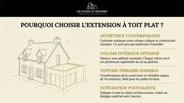 Schéma d'une maison avec une extension vitrée toit plat moderne. L'image met en avant les avantages d'une extension à toit plat.