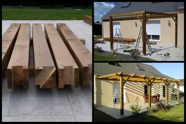 Les poutres de bois sont prêtes à construire une pergola. Les étapes de construction sont visibles, de la pose des poteaux à la structure finie.