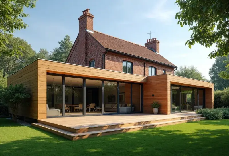 Un agrandissement de chalet bois moderne avec de grandes baies vitrées et une terrasse en bois, contrastant avec la brique ancienne de la maison.